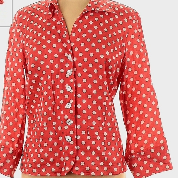 Talbots Tops - Talbots Pink Polka Dot Button Down Sleeves Blouse Shirt, 100% Linen, 14 Size